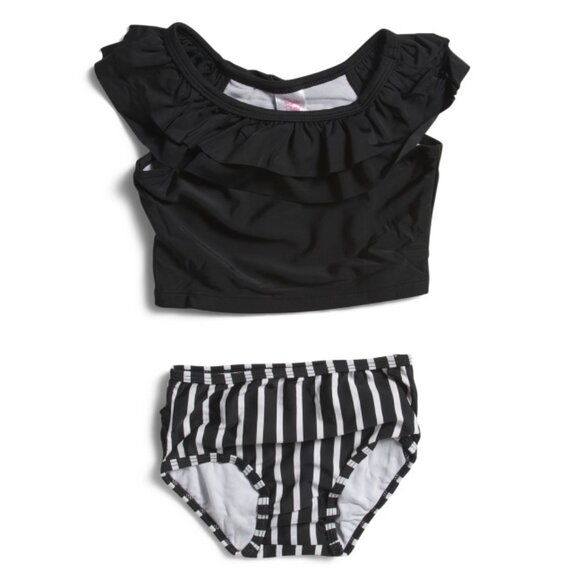 RUFFLEBUTTS Black Toddler Girls Striped Ruffled Tankini Two-piece Swimsuit